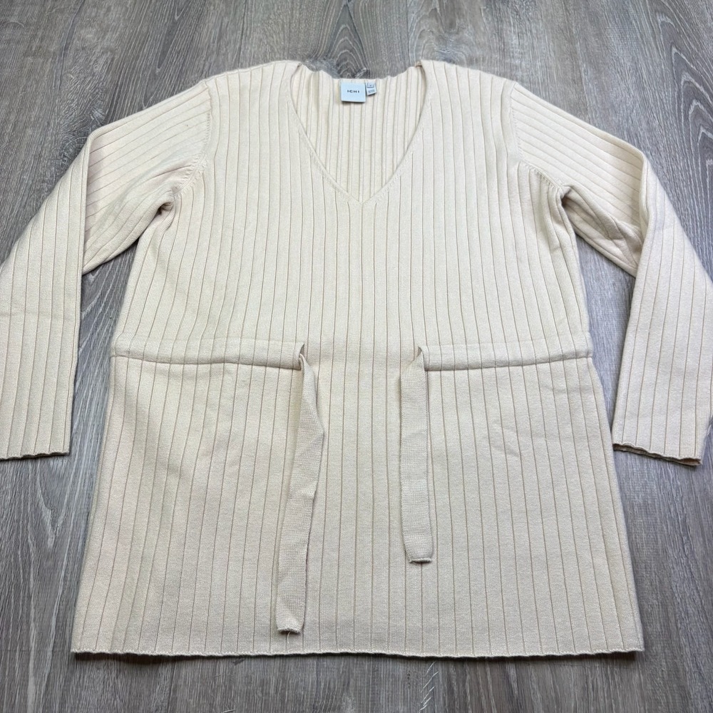 ICHI Womens Cream Long Sleeve Ribbed Knit V-Neck Tie Waist Sweater Top Size S